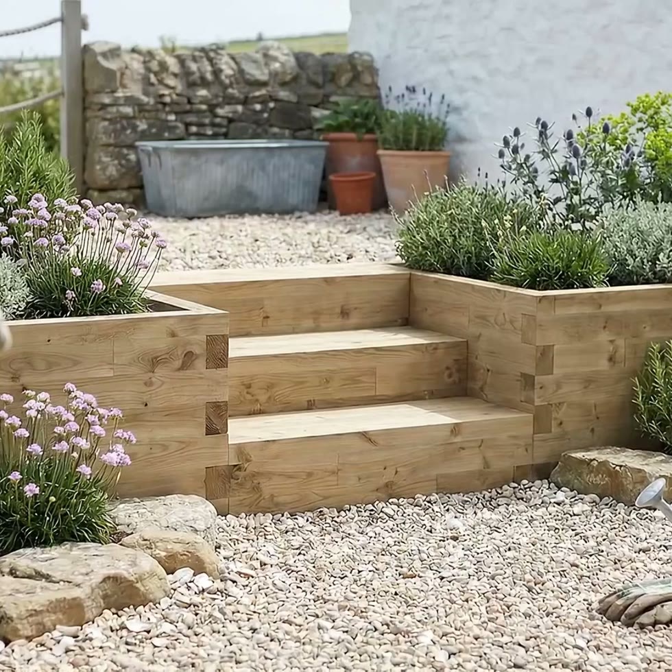 Wooden Garden Steps / 1.275 x 1.125 x 0.65m