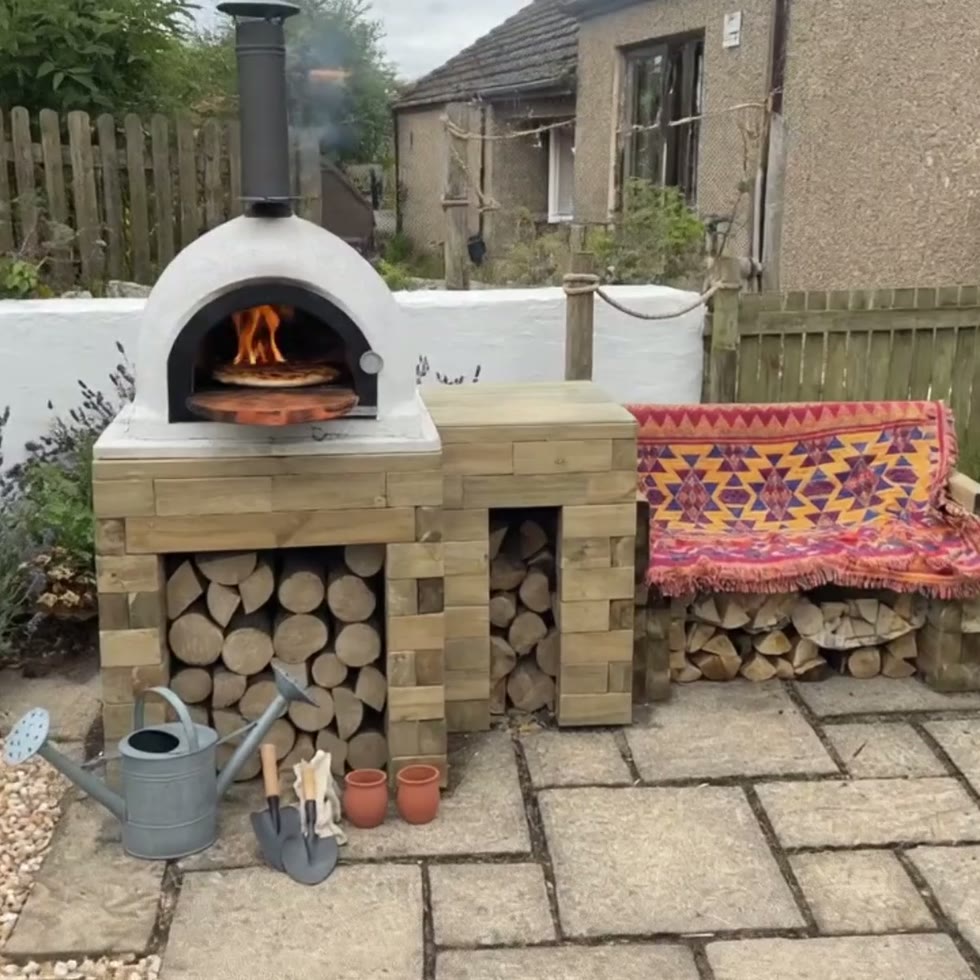 Pizza Oven Table with Storage & Bench / 2.7 x 0.9 x 0.95m