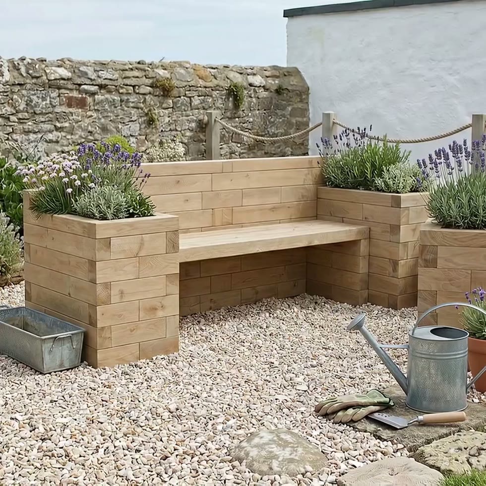 Garden Bench with Bookend Planters / 2.4 x 0.75 x 0.85m