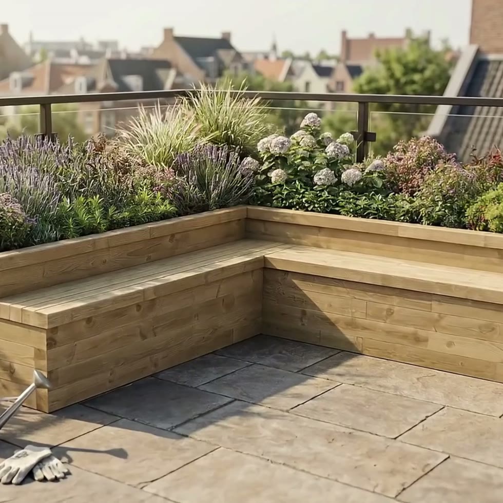 Large L-Shaped Raised Bed with Seating / 3.75 x 3.75 x 0.65m