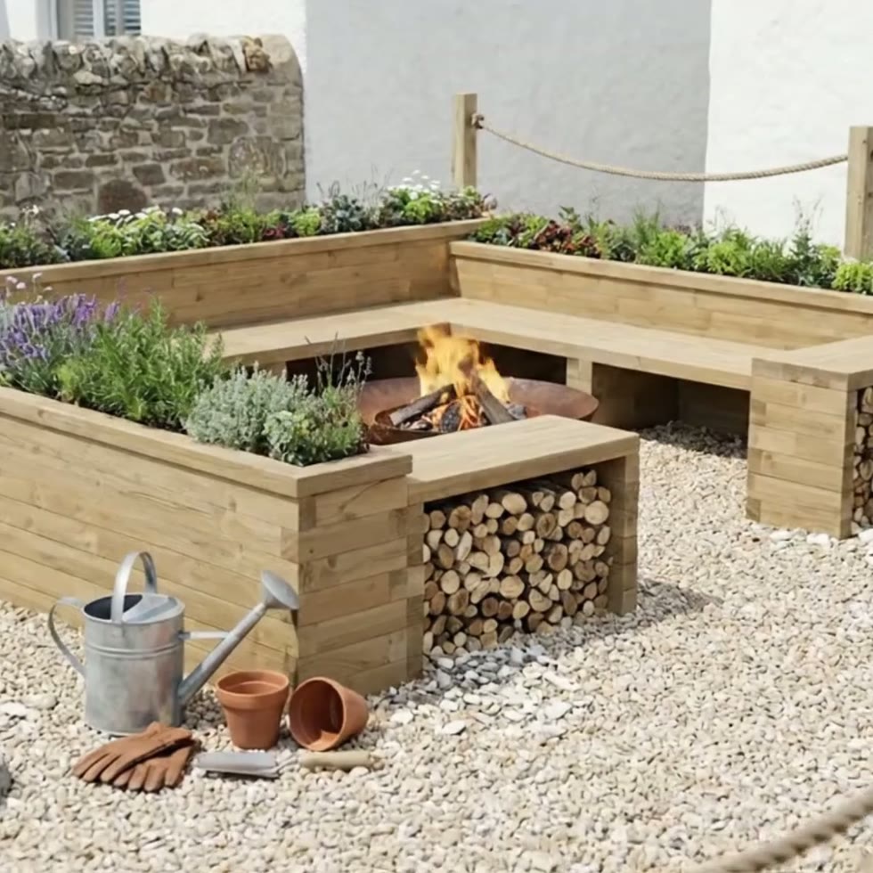 Square Fire Pit Planter Bench / 4.35 x 3.675 x 0.85 m