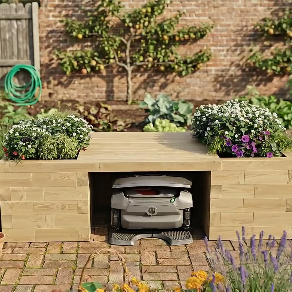 Robot Lawn Mower Garage with Planter Bench / 2.025 x 0.9 x 0.55m