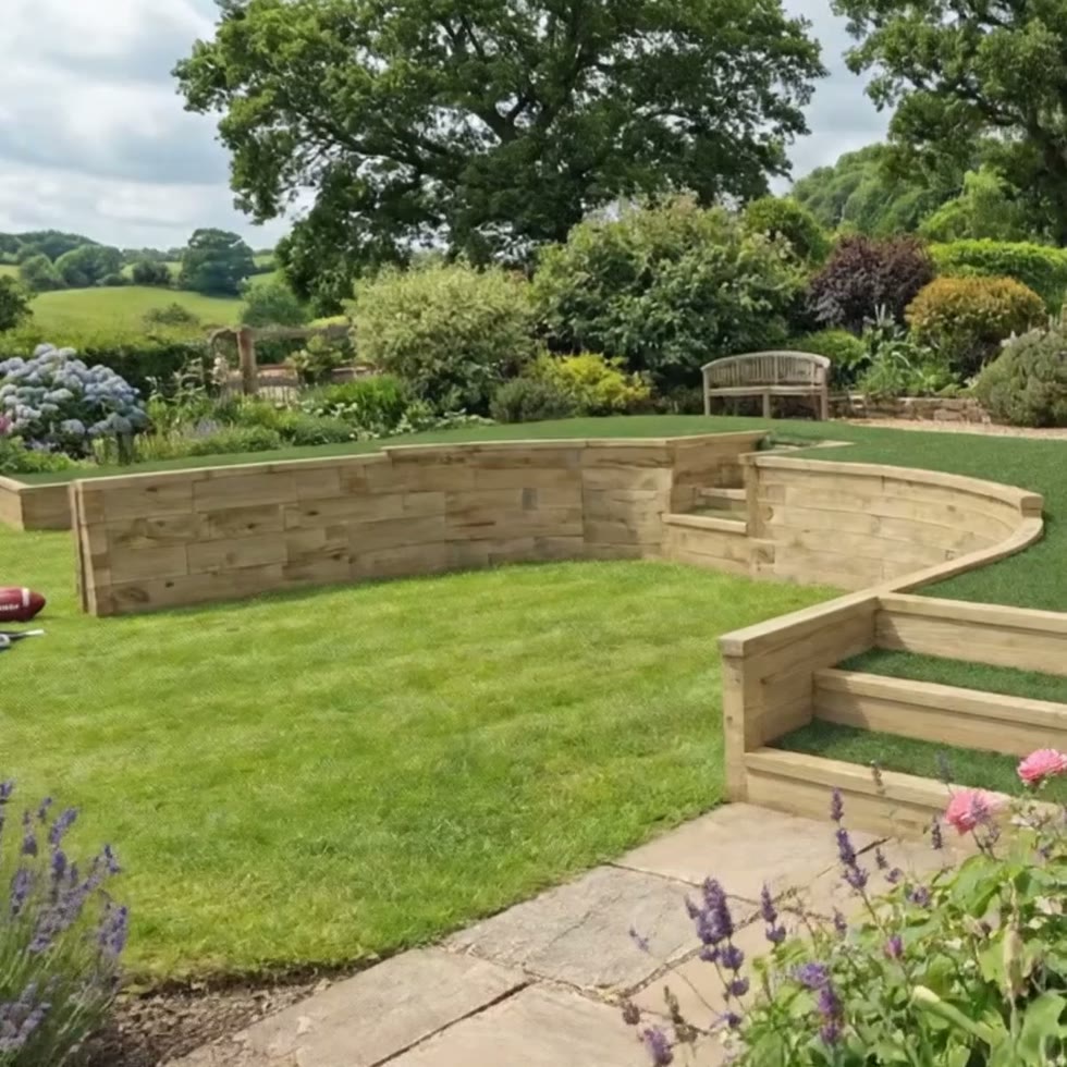Curved Retaining Wall with Steps and Decking Space / 9.5m x 2.96 x 0.6m