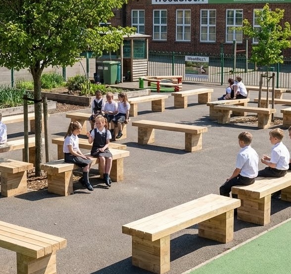 Outdoor classroom seating and planters made with WoodBlocX