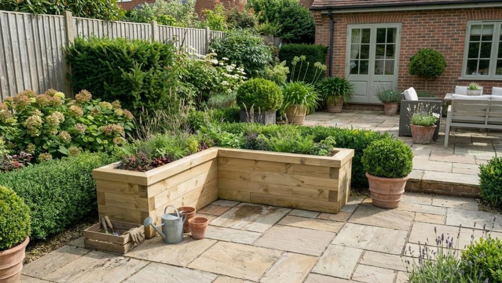 L-shaped corner timber raised bed built with WoodBlocX components