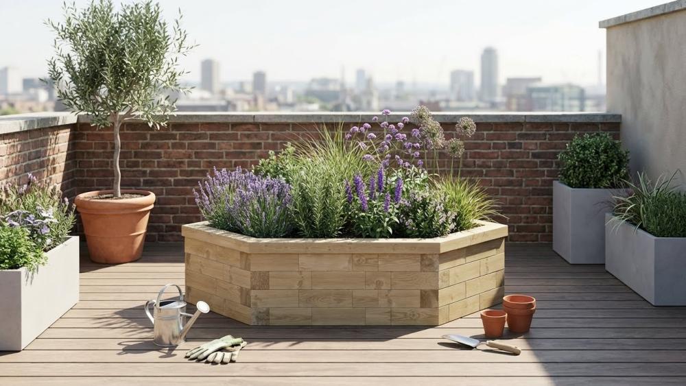Curved and angled timber raised beds built with WoodBlocX components