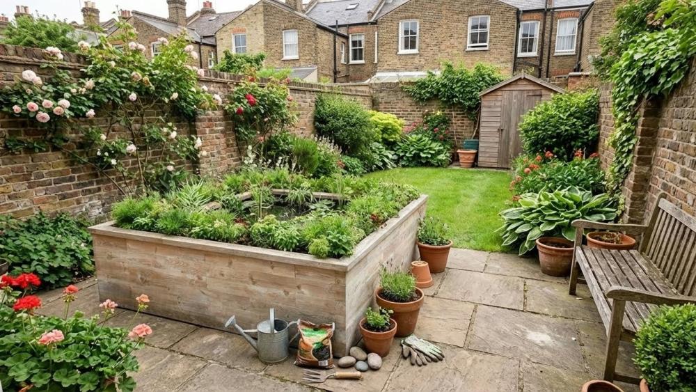 Tiered straight-sided raised wooden garden pond surround with an outer planter ring built with WoodBlocX components