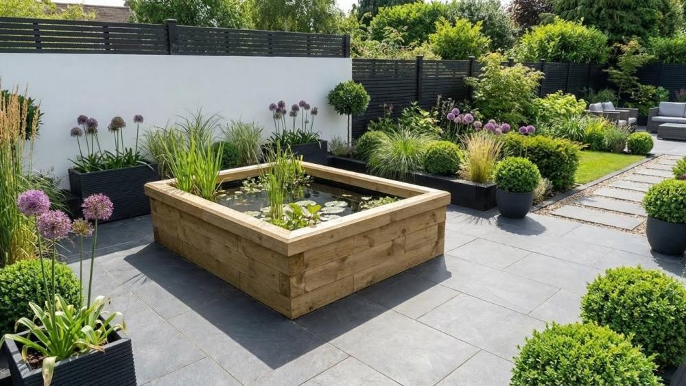 Raised wooden garden pond surround built with WoodBlocX timber components