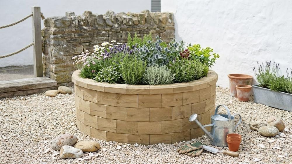 Circular timber raised bed built with WoodBlocX components