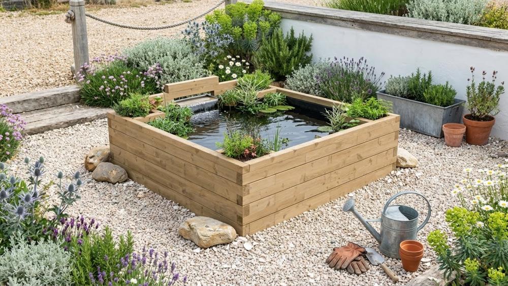 Large straight-sided raised pond surround built with WoodBlocX components