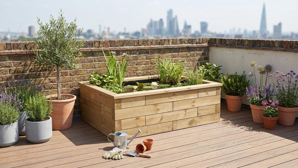 Straight-sided raised pond surround suitable for decking and patios built with WoodBlocX components