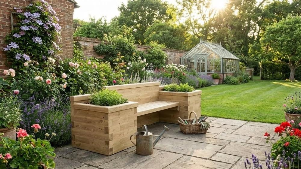 Timber garden bench with integrated planters built with WoodBlocX components