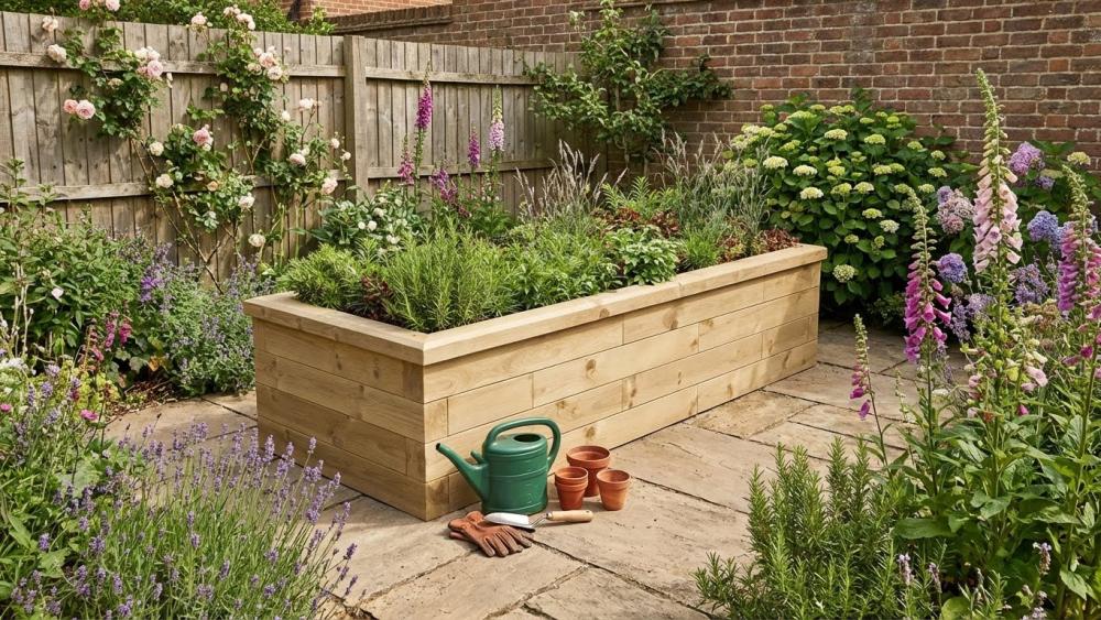 Rectangular timber raised bed built with WoodBlocX components
