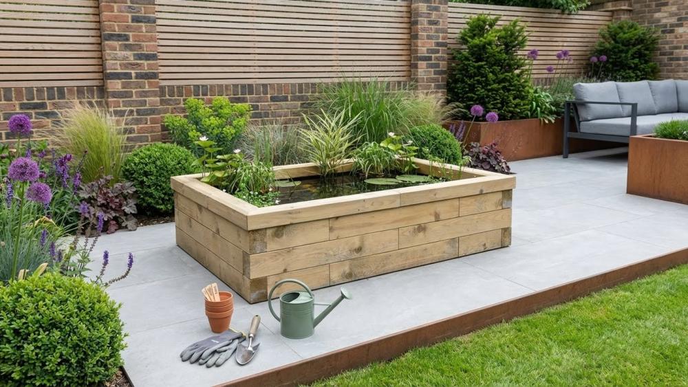 Small straight-sided raised pond surround built with WoodBlocX components