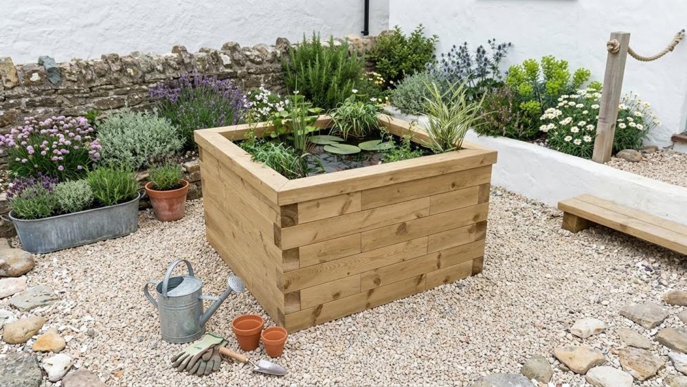 Square straight-sided raised pond surround built with WoodBlocX components