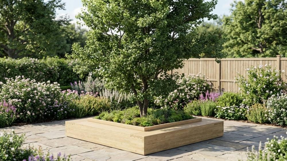 Timber tree surround and garden edging built with WoodBlocX components