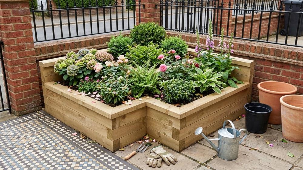 Tiered and stepped timber raised beds built with WoodBlocX components