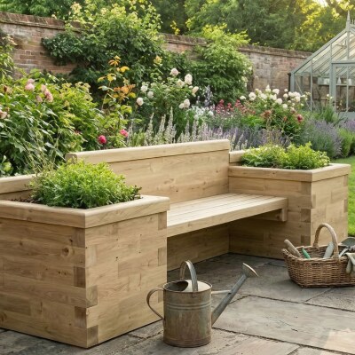Garden Bench with Bookend Planters / 2.4 x 0.75 x 0.85 m