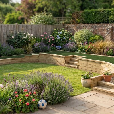 Curved Retaining Wall with Steps and Decking Space / 9.5 x 2.96 x 0.6 m