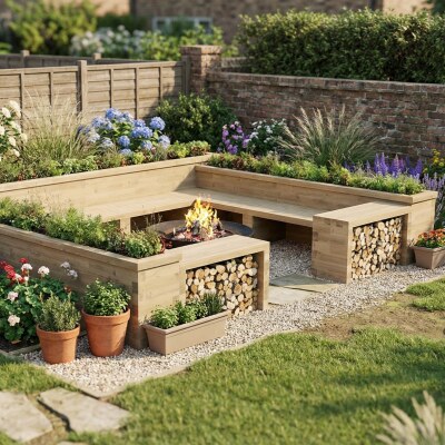 Square Fire Pit Planter Bench / 4.35 x 3.675 x 0.85 m
