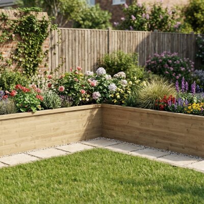 L-Shaped Raised Wooden Bed / 3.75 x 3.75 x 0.825 x 0.75 m