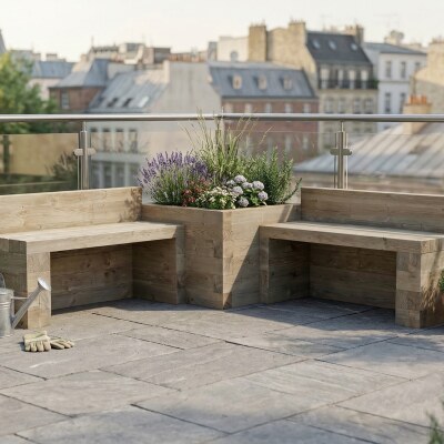 Double Garden Bench with Corner Planter / 1.875 x 1.875 x 0.65 m