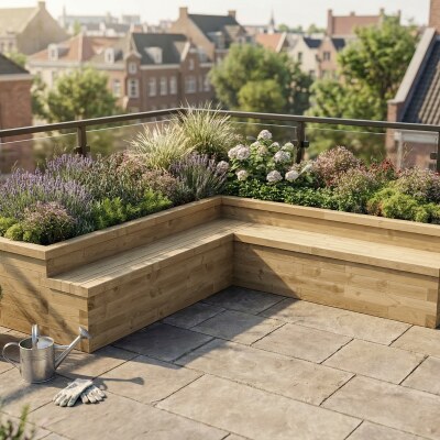 Large L-Shaped Raised Bed with Seating / 3.75 x 3.75 x 0.65 m