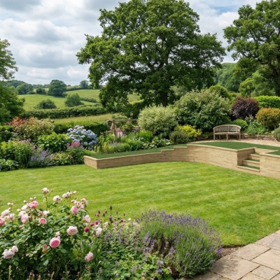 Curved Retaining Wall with Steps and Decking Space / 9.5m x 2.96 x 0.6m