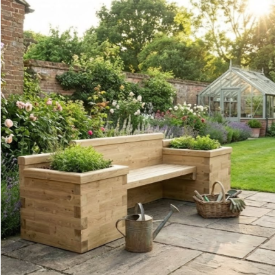 Garden Bench with Bookend Planters / 2.4 x 0.75 x 0.85m
