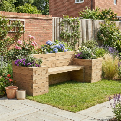 Garden Bench with Bookend Planters / 2.4 x 0.75 x 0.85m