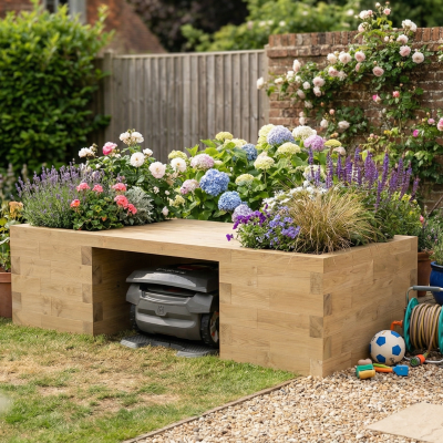 Robot Lawn Mower Garage with Planter Bench / 2.025 x 0.9 x 0.55m