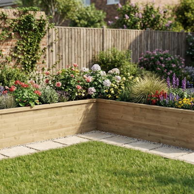 L-Shaped Raised Wooden Bed / 3.75 x 3.75 x 0.825 x 0.75m