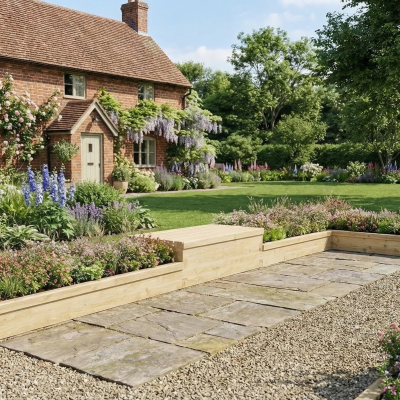 Curved Corner Border Planter with Seating / 6.75 x 1.5 x 0.25m