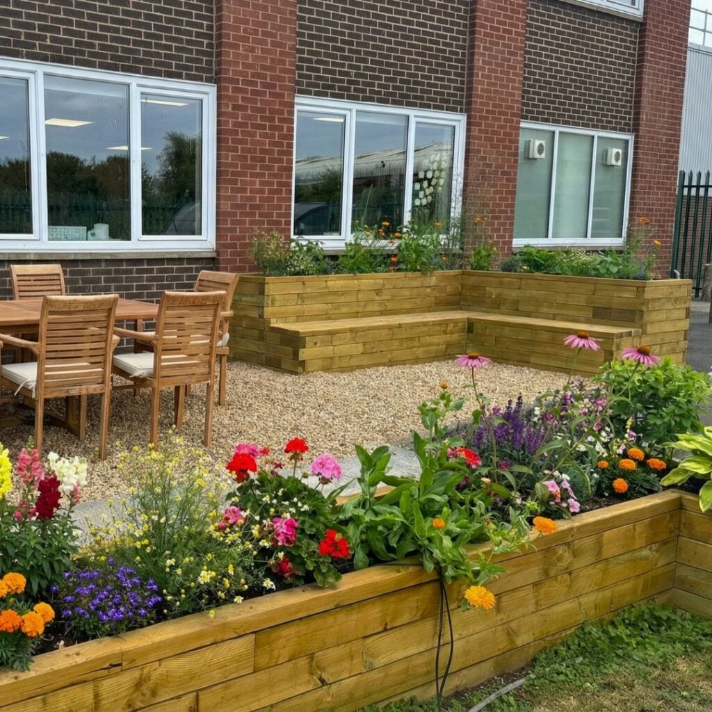 Twining's L-shaped raised planter bench