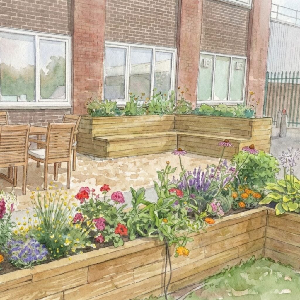 Twining's L-shaped raised planter bench